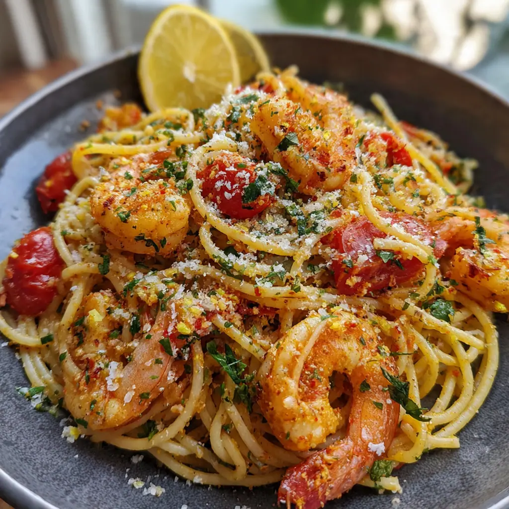 A close-up of spicy prawn and harissa spaghetti twirled on a fork with juicy prawns and flecks of parsley