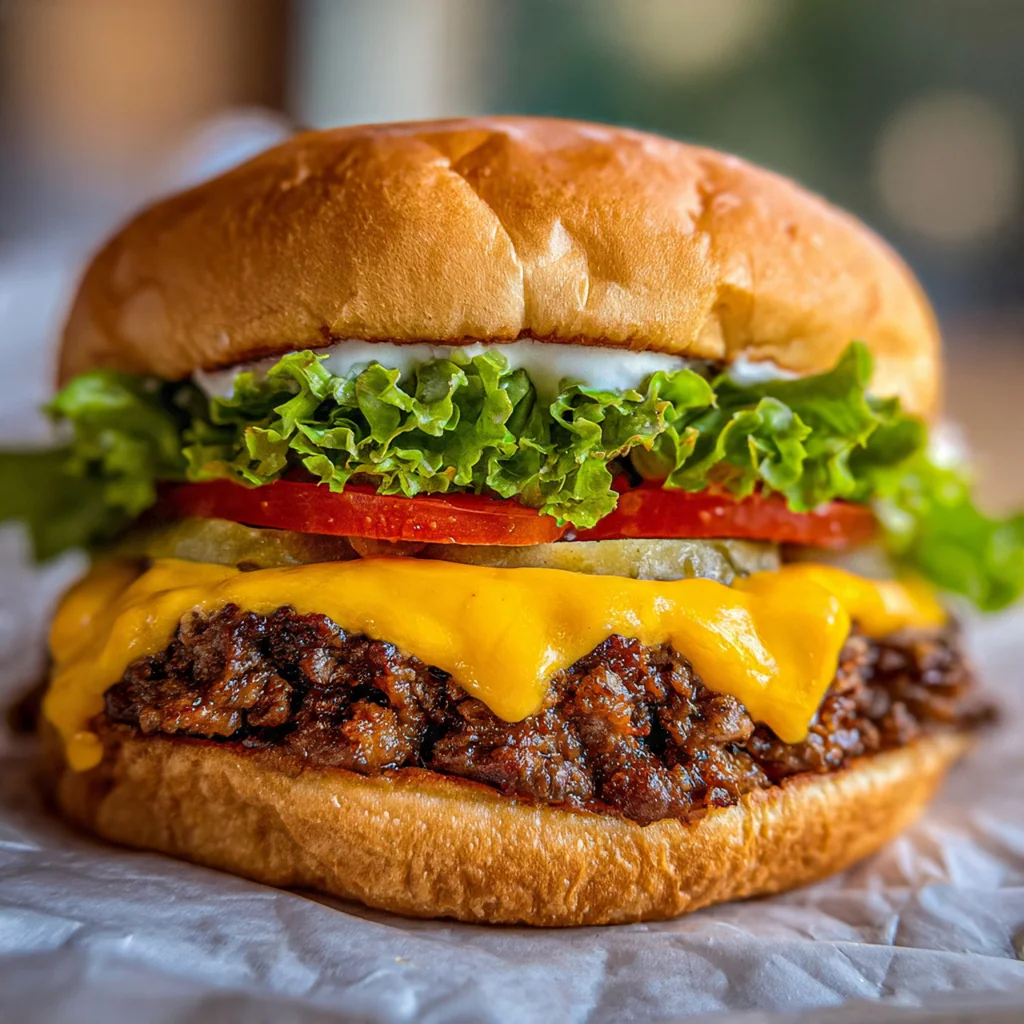 A close-up of an Oklahoma Onion Smashburger with melted cheese and caramelized onions on a toasted bun