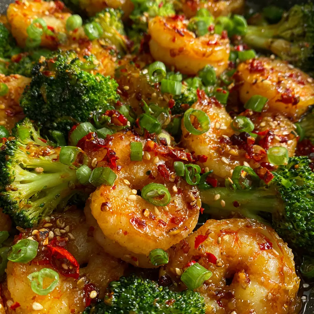 Close-up of honey garlic shrimp and broccoli in a glossy, sticky sauce in a black skillet.