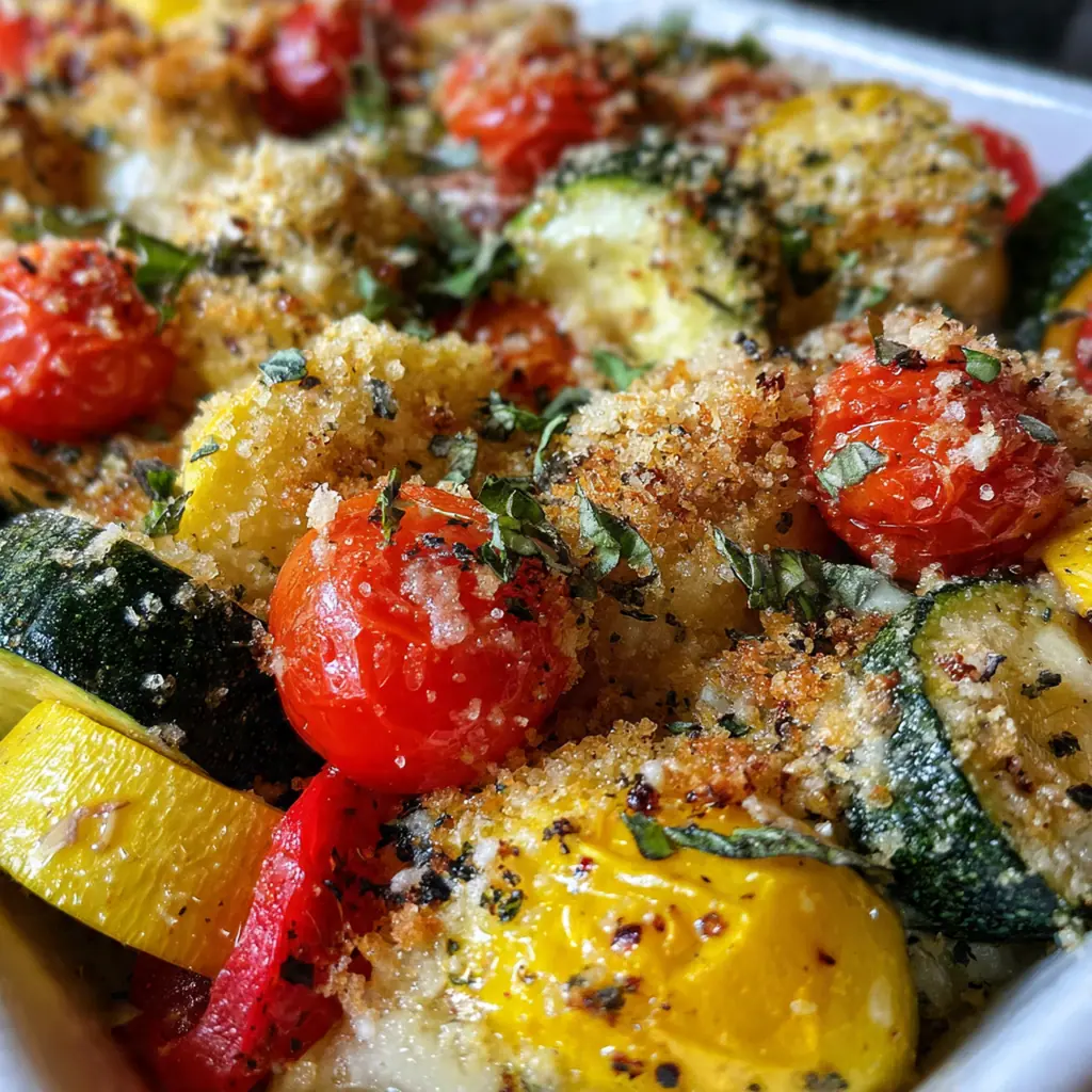 A bubbling cast iron dish of cheesy zucchini squash bake with a golden breadcrumb topping