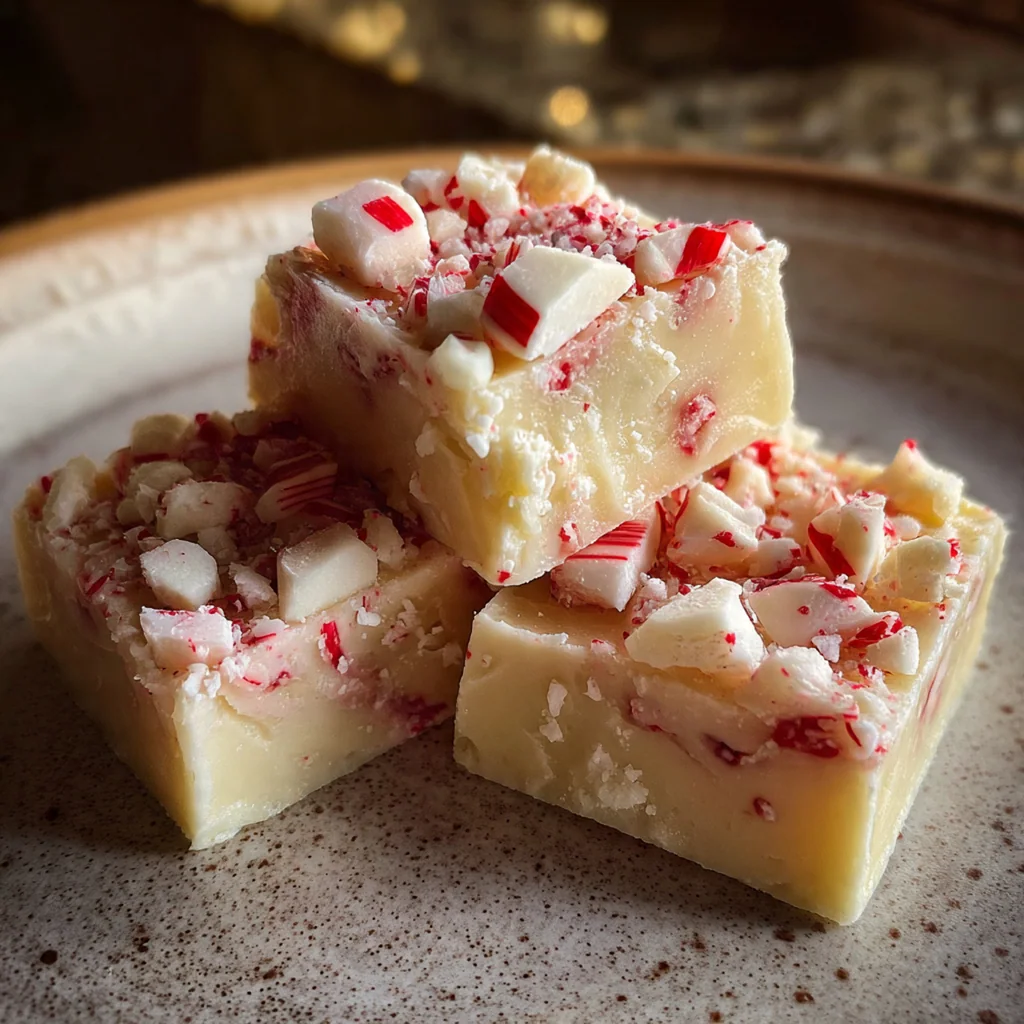 A square of creamy white candy cane fudge with red swirls and crushed peppermint on top
