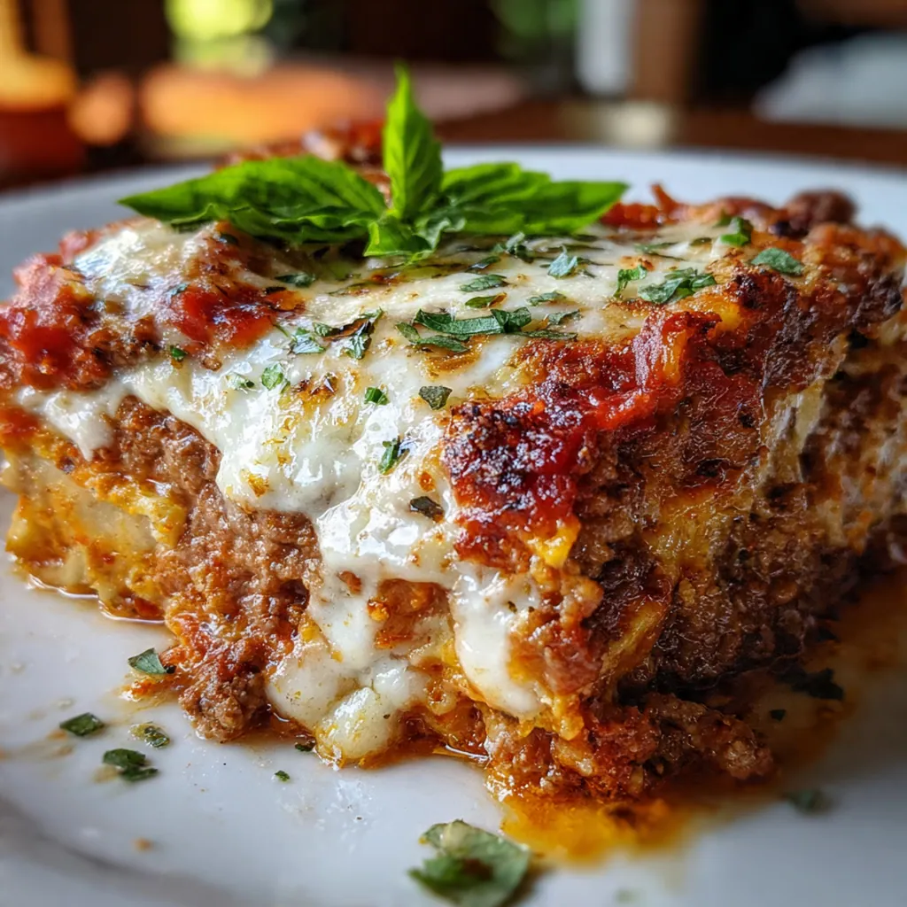 A deep dish of freshly baked lasagna with bubbling cheese and golden edges
