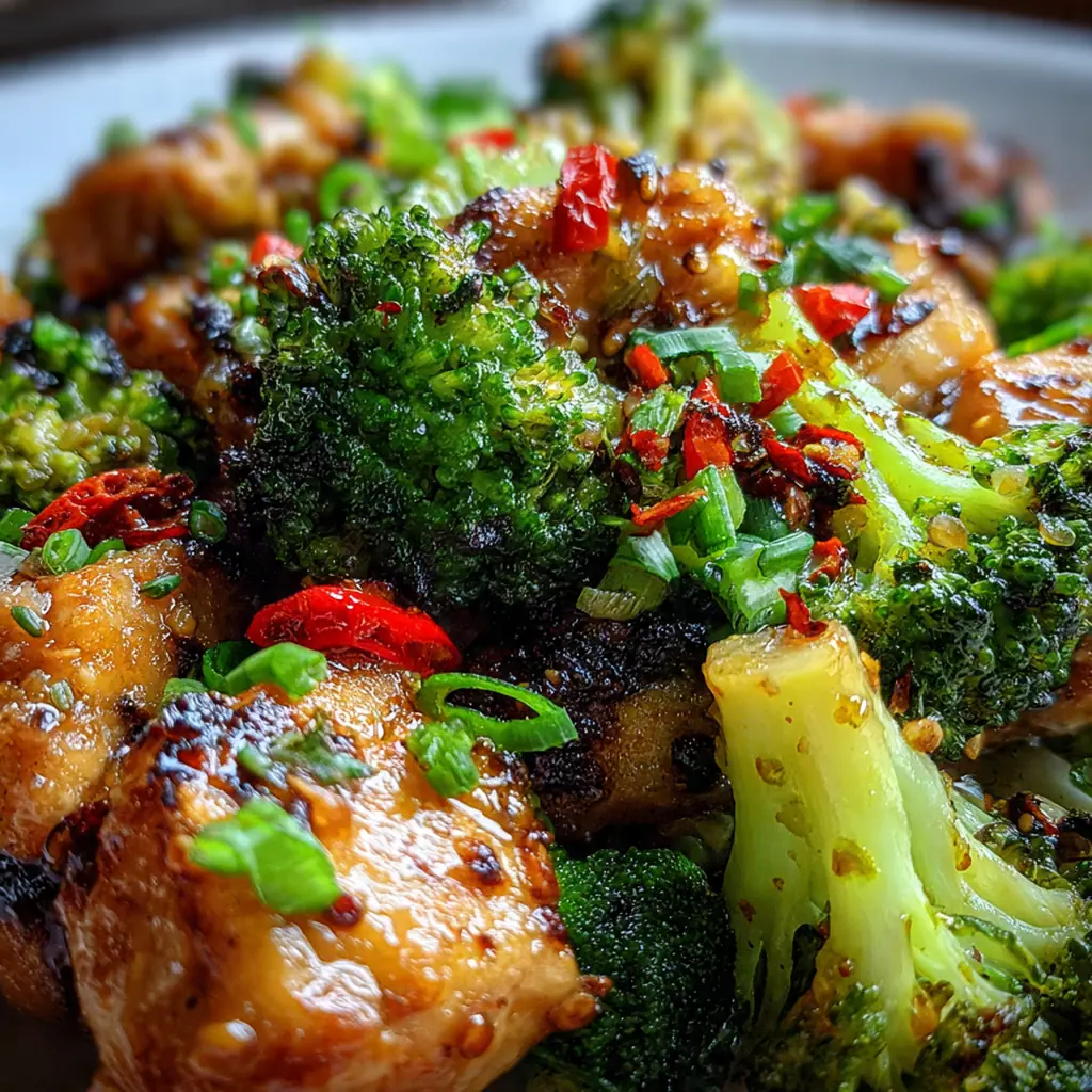 Bourbon chicken and broccoli sizzling in a skillet with glossy dark sauce and green onions on top