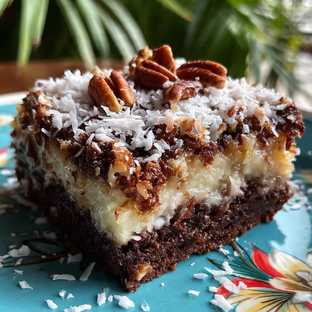 A close-up of a German Chocolate Paradise Slice showing layers of chocolate crust, creamy filling, and glossy glaze