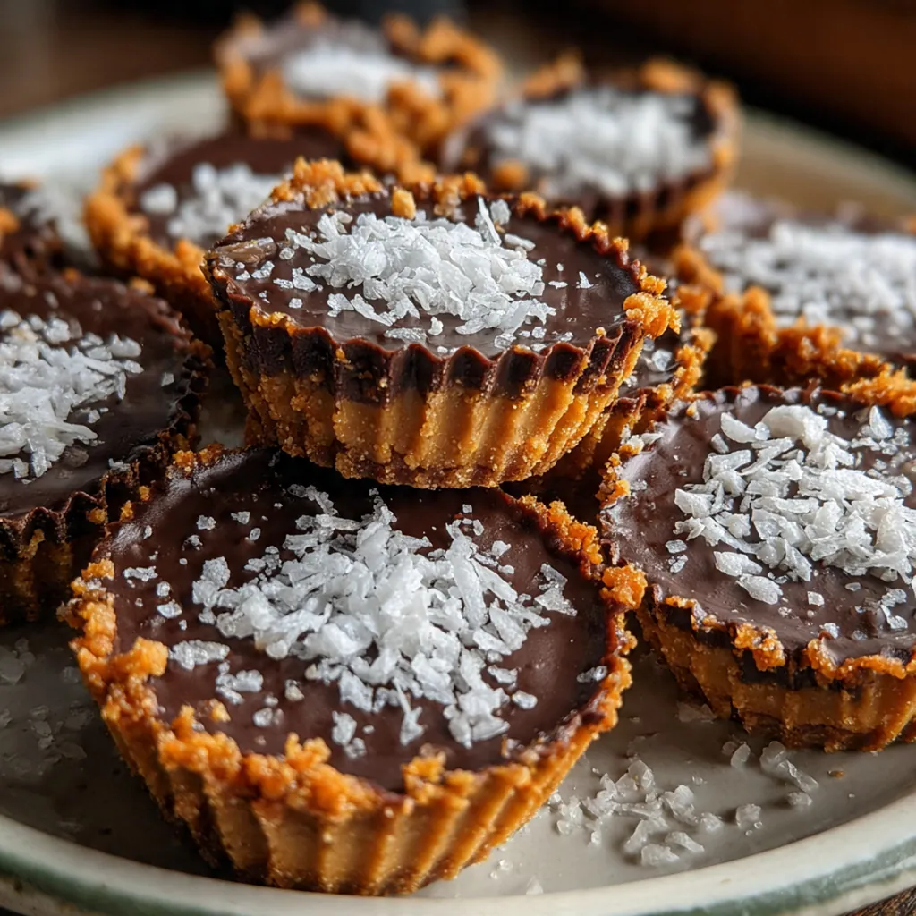 A close-up of homemade peanut butter cups with glossy chocolate and a sprinkle of sea salt