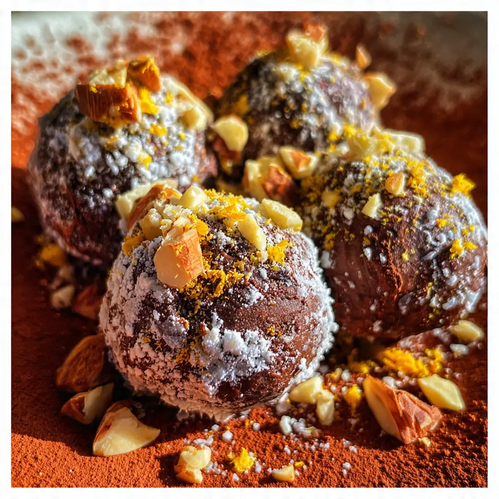 Close-up of glossy chocolate truffles dusted with cocoa powder and drizzled with melted chocolate