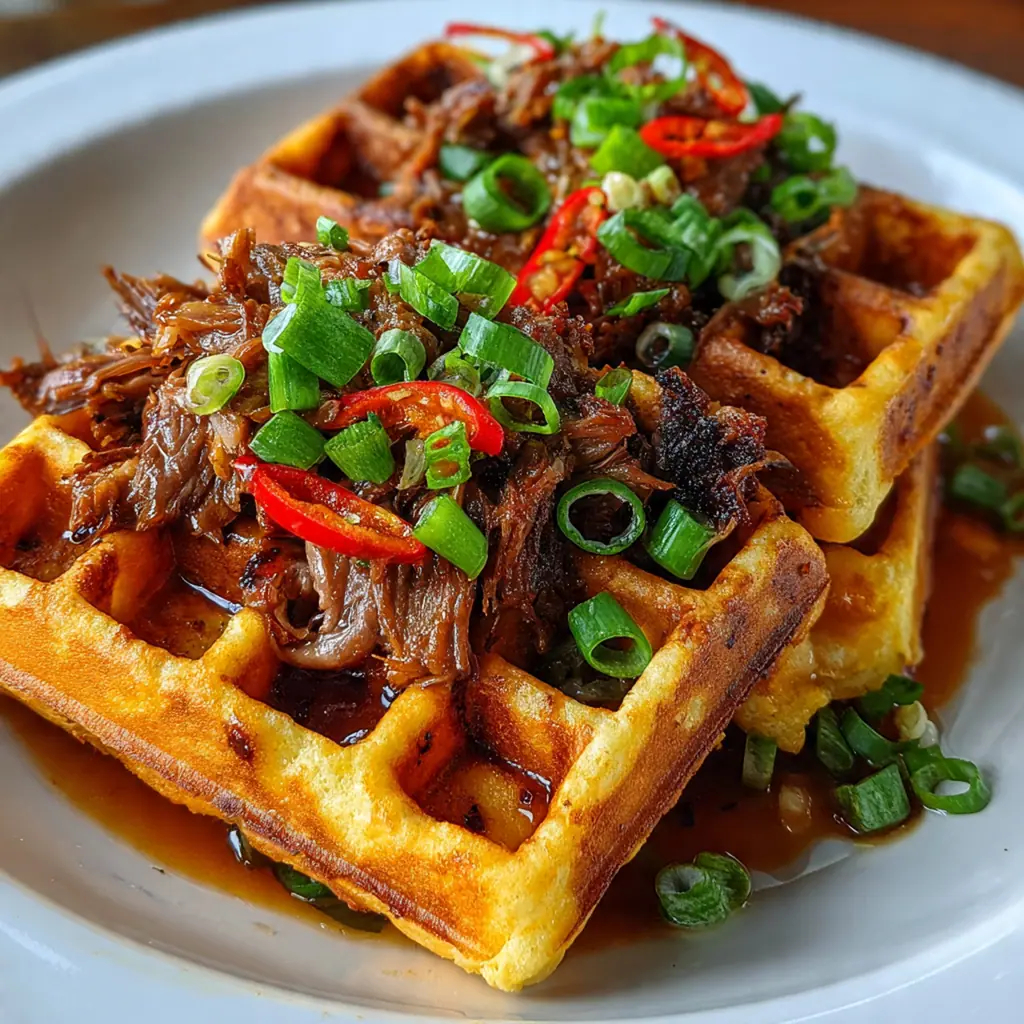 A towering Maple Bourbon Brisket Waffle with shredded tender beef and glossy glaze dripping down the sides