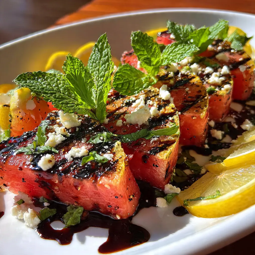 A rustic platter of grilled watermelon slices with deep char marks drizzled with glossy balsamic glaze
