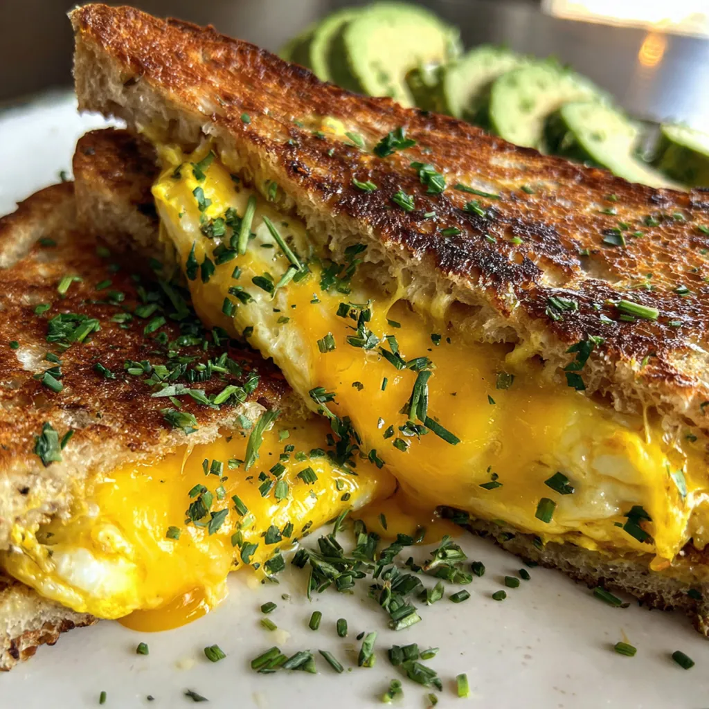A golden brown breakfast grilled egg cheese sandwich cut in half on a rustic plate