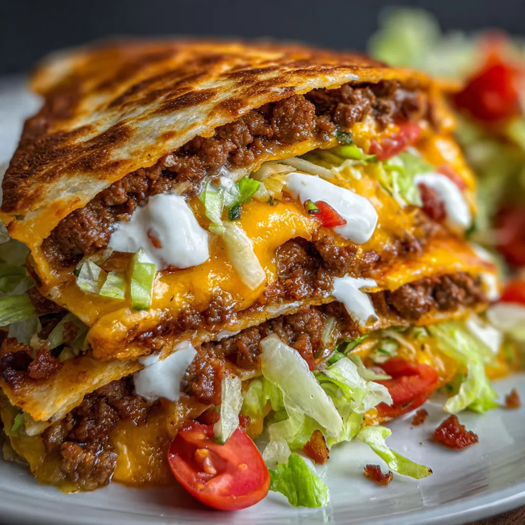 Crispy golden half-moon quesadilla wedges stacked next to a cool iceberg lettuce wedge salad drizzled with thousand island dressing.
