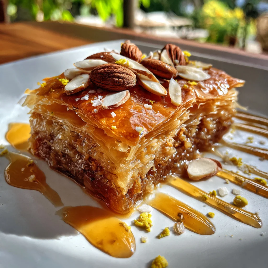 A golden brown Greek honey pie with a glossy honey glaze on a rustic table