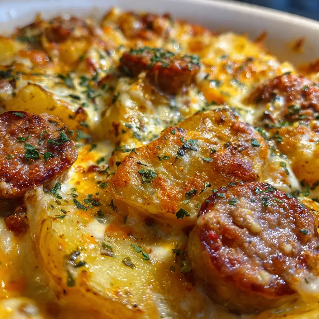 Golden brown creamy sausage potato bake fresh from the oven with bubbly cheese
