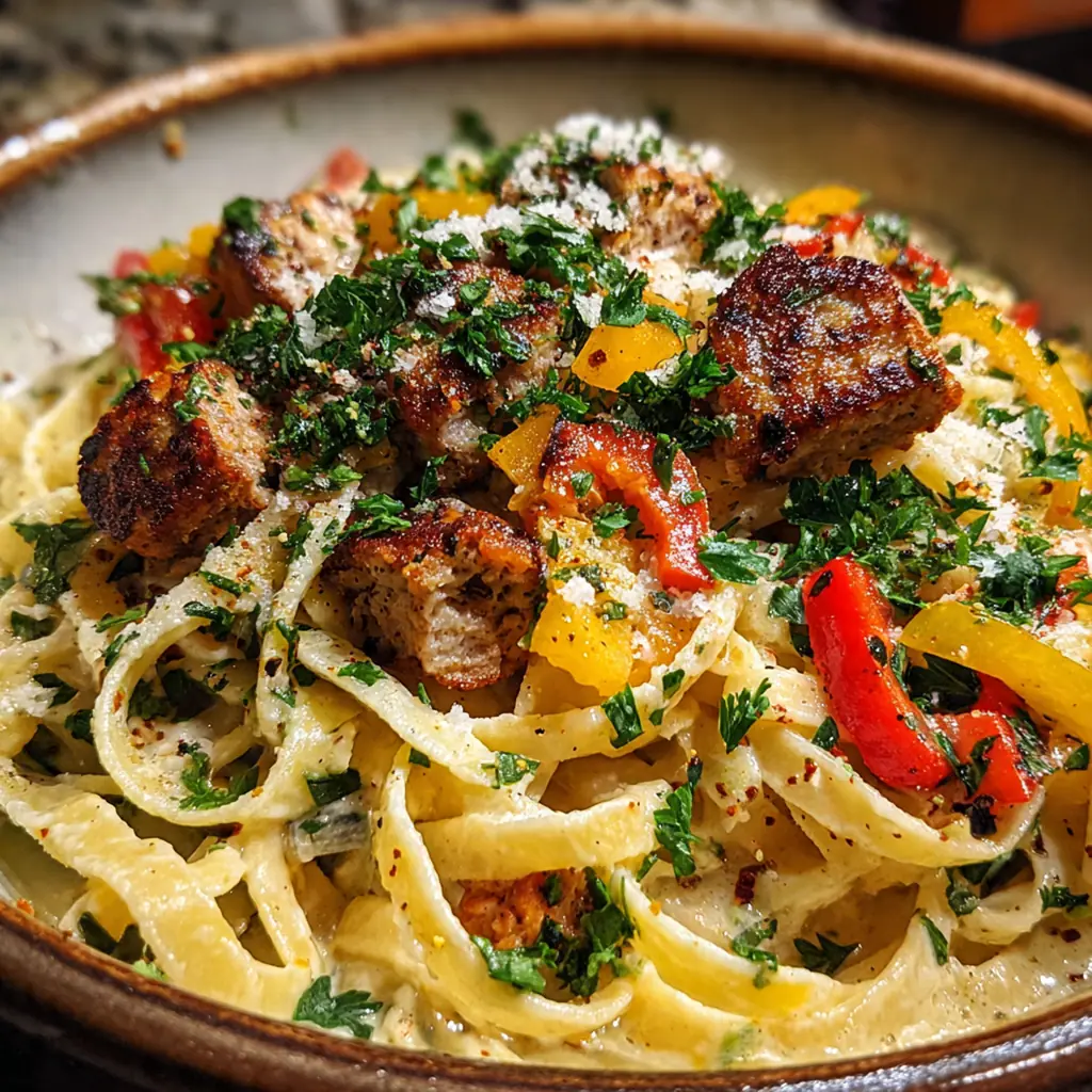 Creamy fettuccine pasta tossed with sliced Cajun chicken sausage and peppers in a rich parmesan sauce.