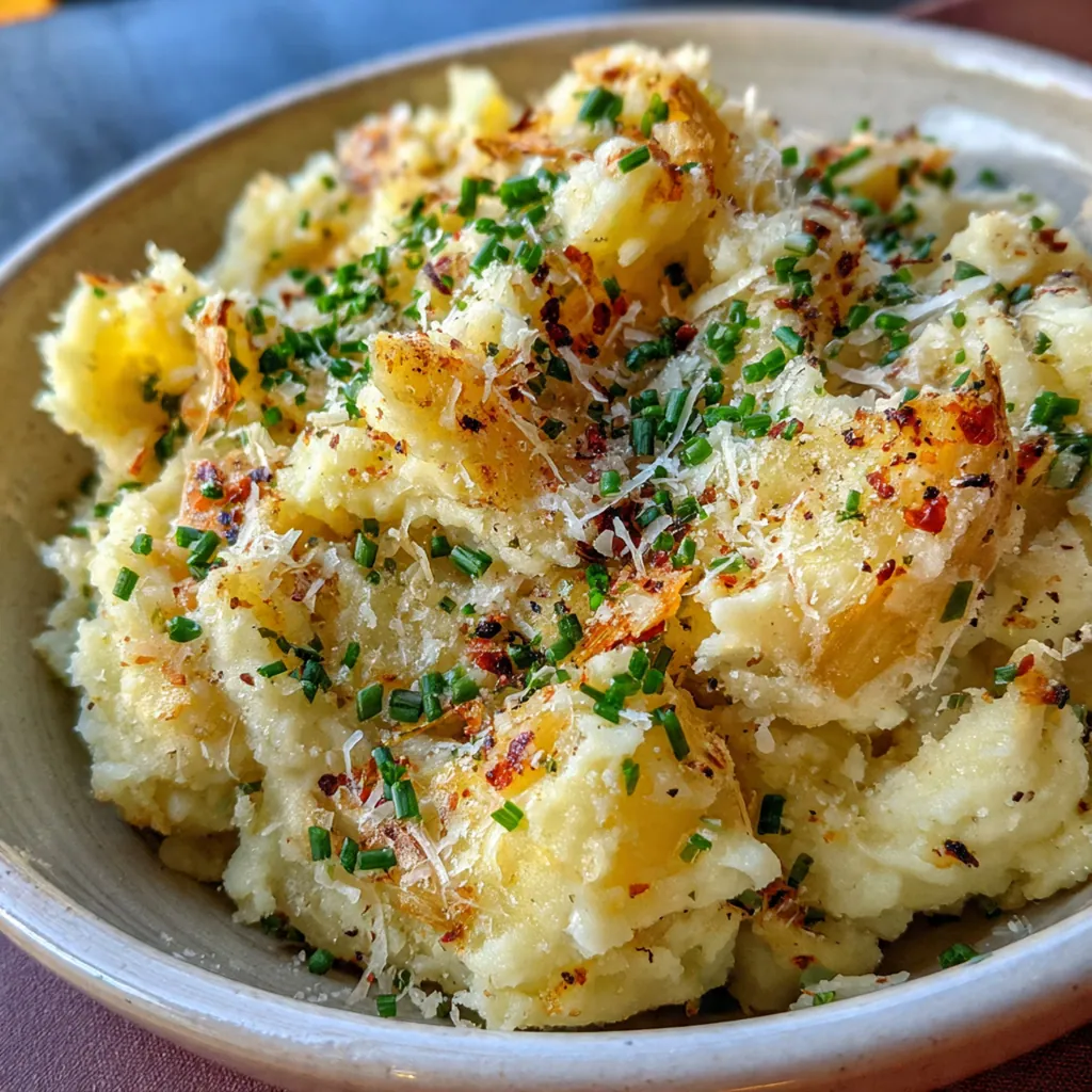 A creamy bowl of golden mashed potatoes with roasted garlic, garnished with fresh green chives