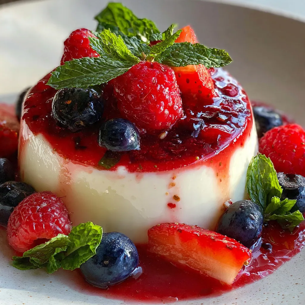 Silky vanilla panna cotta unmolded onto a plate with a cascade of vibrant mixed berry sauce