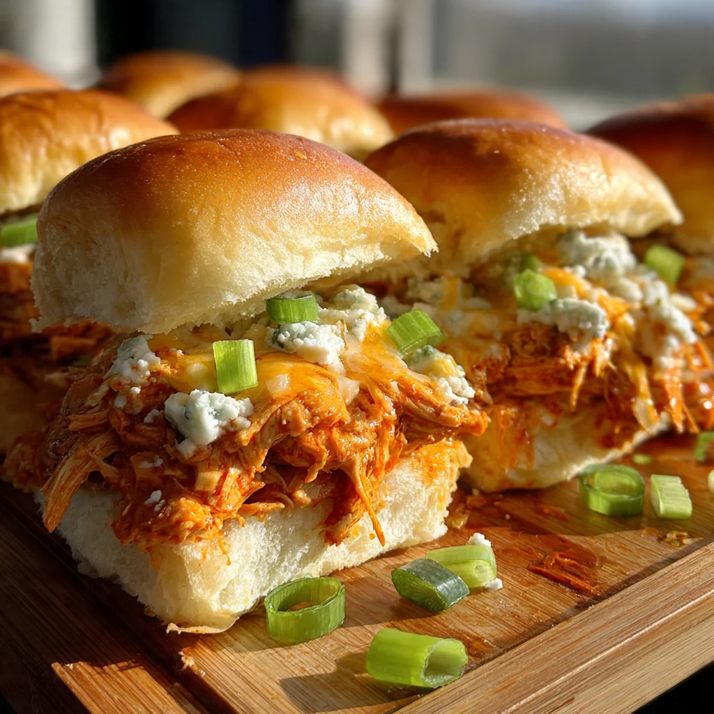 Golden baked buffalo chicken sliders with melted cheese and fresh chives on a platter