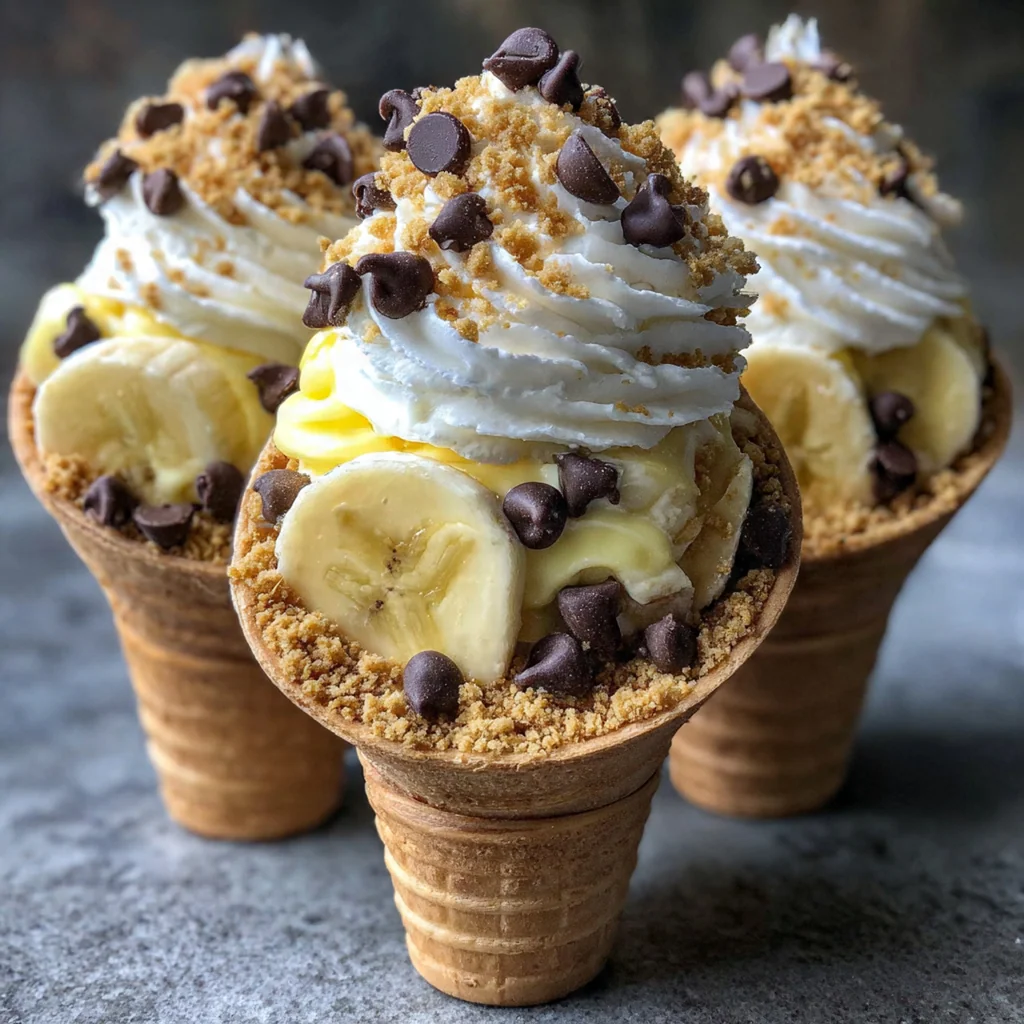 A dozen creamy Banana Pudding Cheesecake Cones standing tall in a muffin tin, each topped with a fresh banana slice
