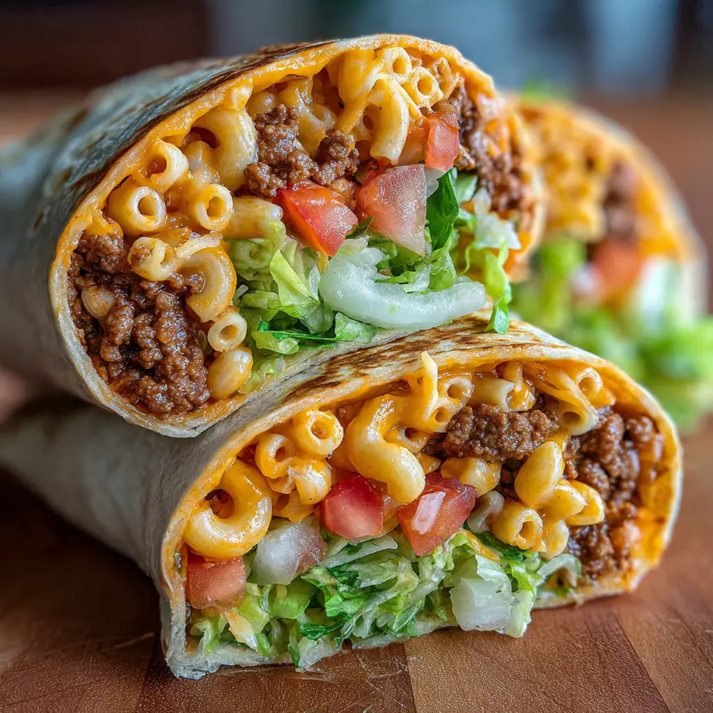 A cross-section view of a Sloppy Joe Mac Cheese Wrap with melty cheese and savory beef spilling out