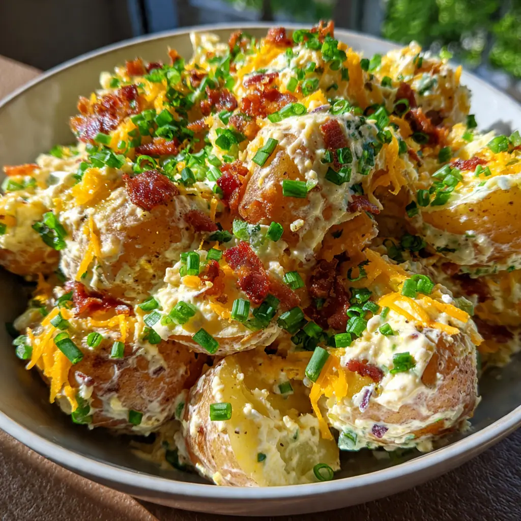 A rustic ceramic bowl filled with warm baked potato salad featuring chunks of potato, bacon, and cheddar