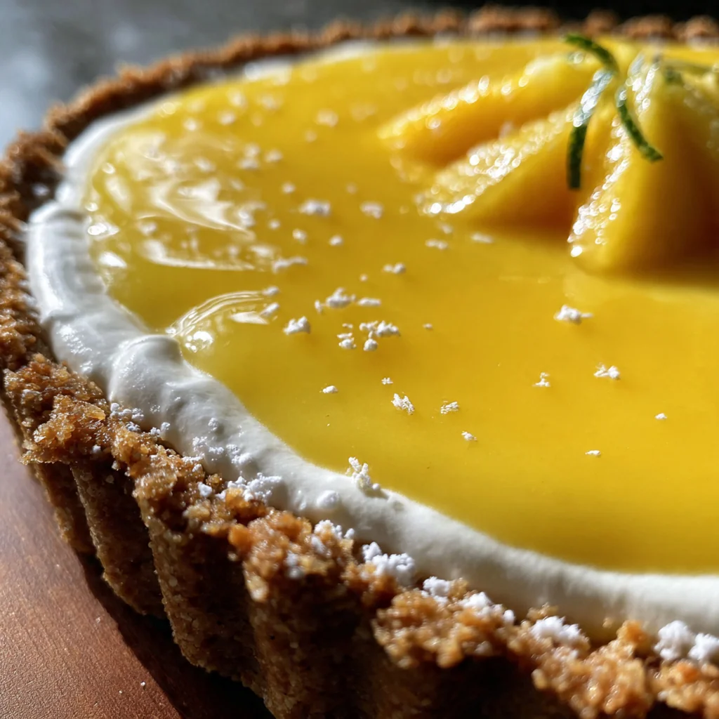 Fresh mango curd tart with toasted coconut and berries on a marble surface