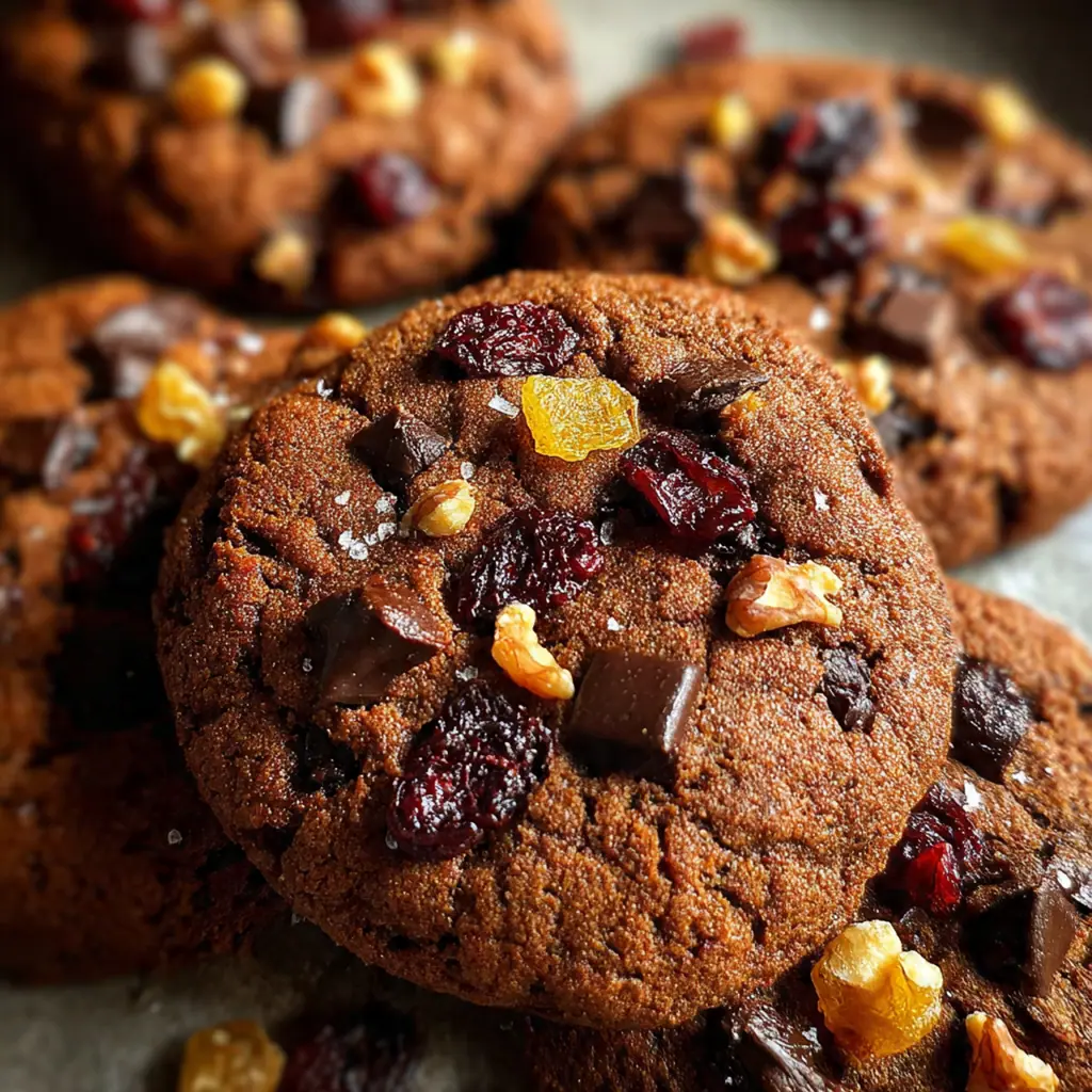 Cherry chocolate cookies with golden edges and melty chocolate chunks on a rustic wooden board