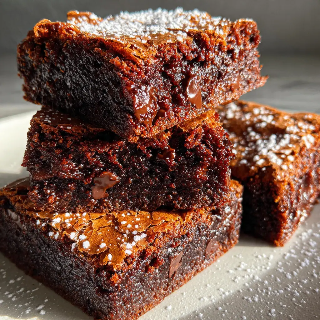 A slab of nostalgic Lunchroom Ladies brownies with a shiny crackled top ready for slicing