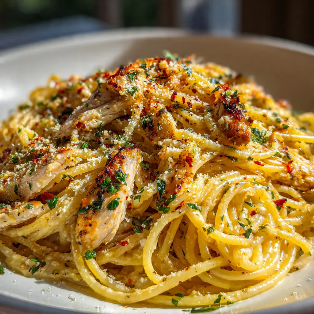 A skillet full of creamy Garlic Parmesan Cajun Spaghetti with sliced andouille sausage and bell peppers