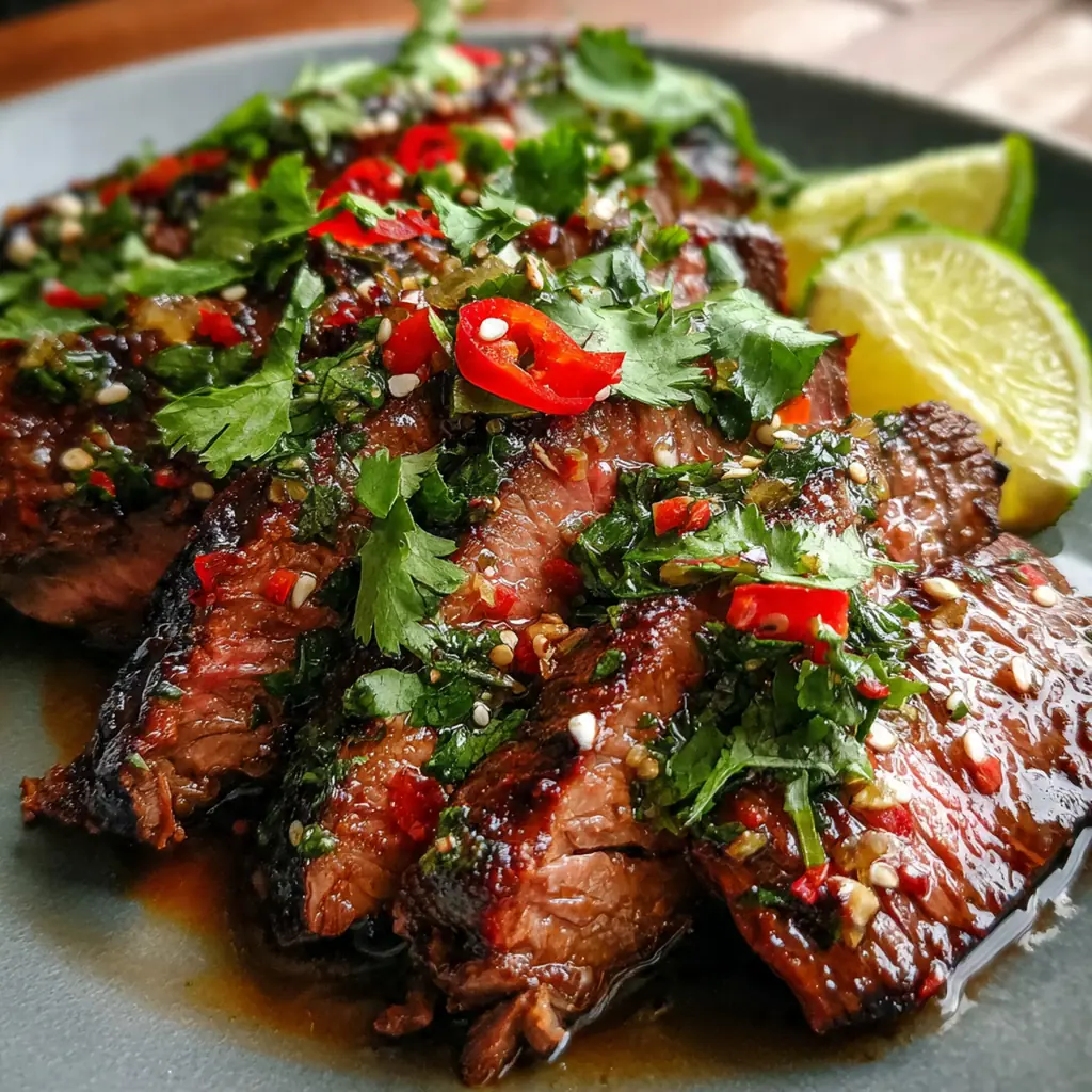 Perfectly grilled marinated flank steak with dark grill marks resting on a wooden cutting board