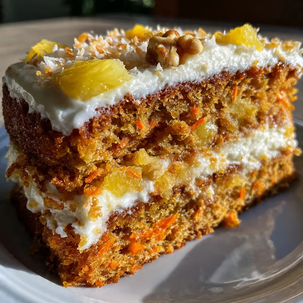 Moist Hawaiian carrot pineapple cake with cream cheese frosting and toasted coconut garnish