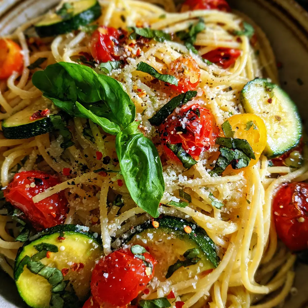 A bowl of vibrant gluten free spaghetti with cherry tomatoes, zucchini, and fresh herbs in a light lemon sauce