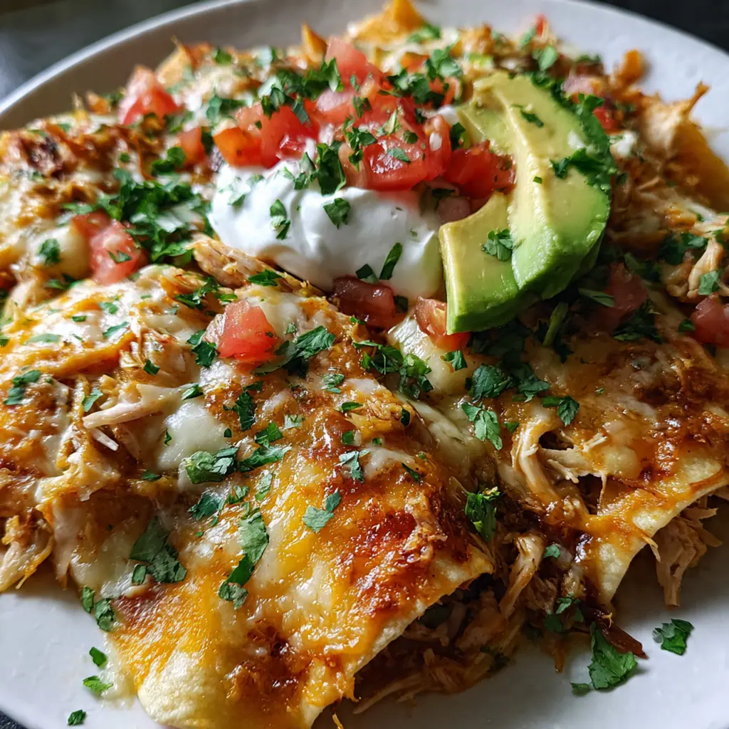 Golden baked Low Carb Chicken Enchiladas bubbling with melted cheese in a white ceramic dish