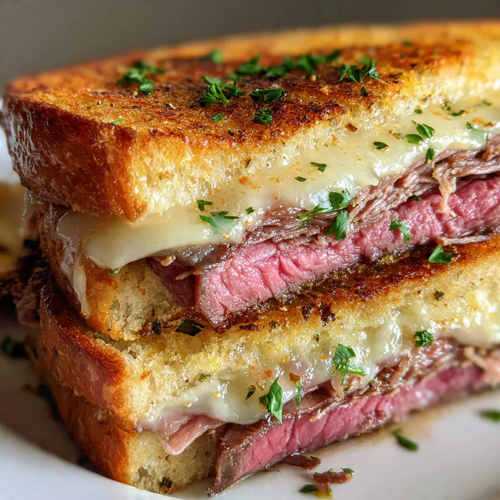 Two golden Texas Toast French Dip sandwiches sliced diagonally on a plate with a bowl of rich au jus