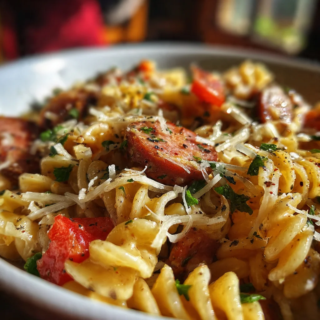 A steaming pot of creamy kielbasa pasta with penne, red peppers, and parsley garnish