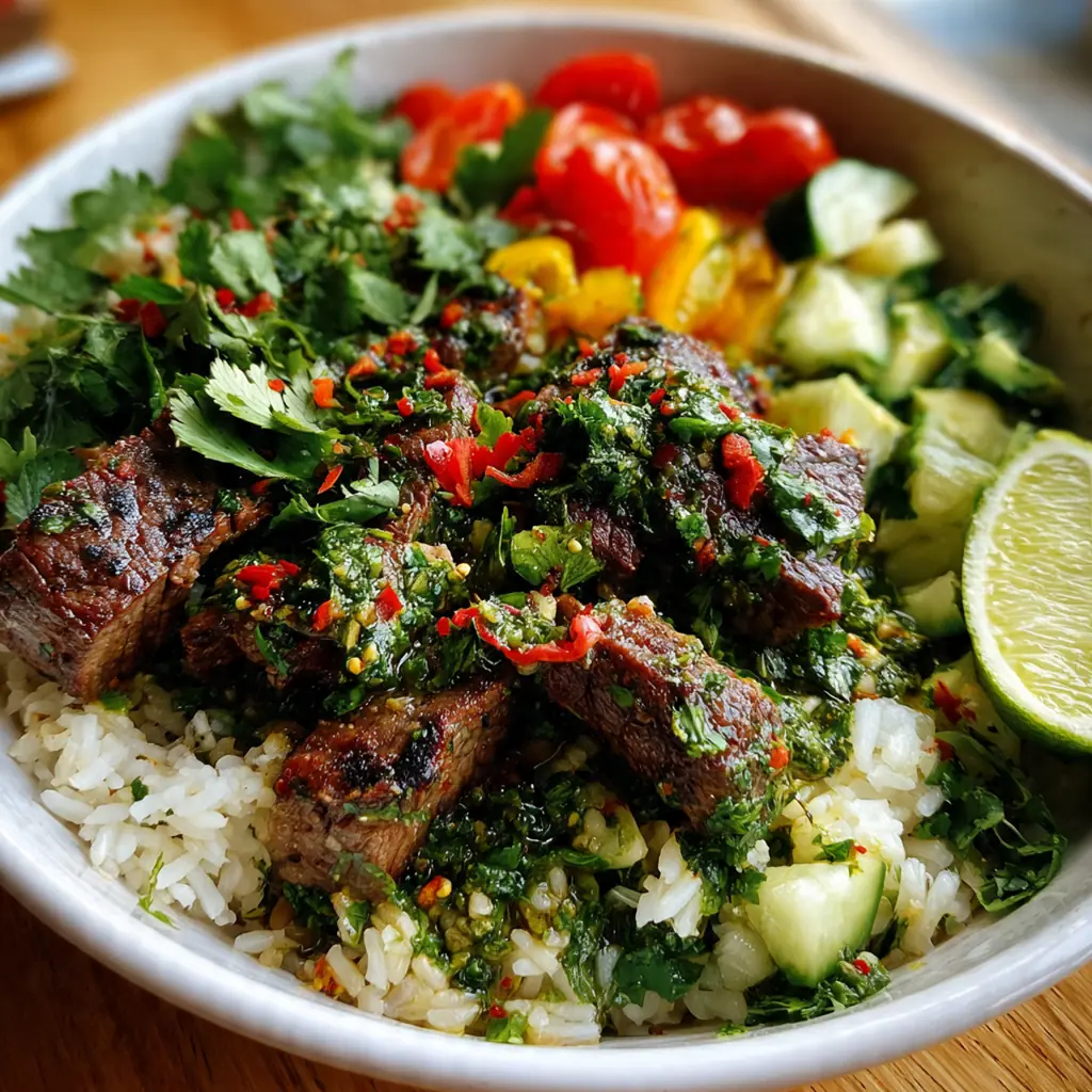 A vibrant Steak Chimichurri Bowl with juicy sliced steak, fluffy rice, and fresh green herb sauce.