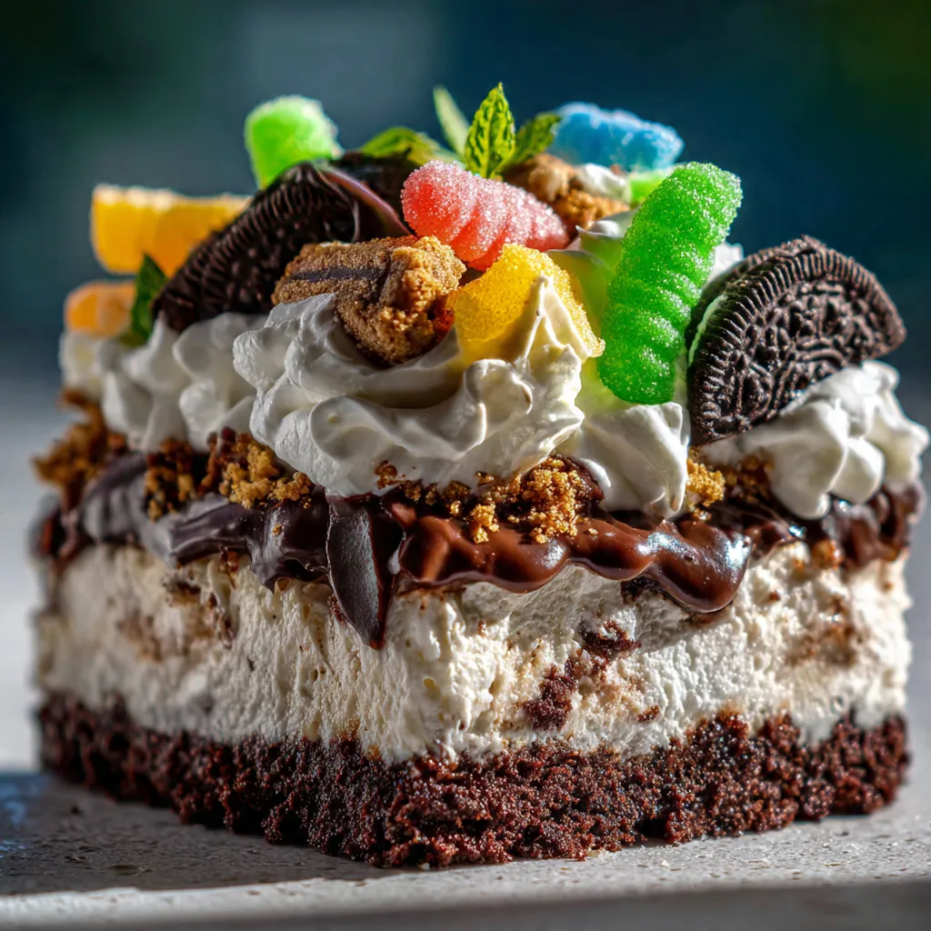 Festive Easter Dirt Cake Dessert in a glass trifle bowl with layers of chocolate pudding, creamy filling, and candy eggs on top