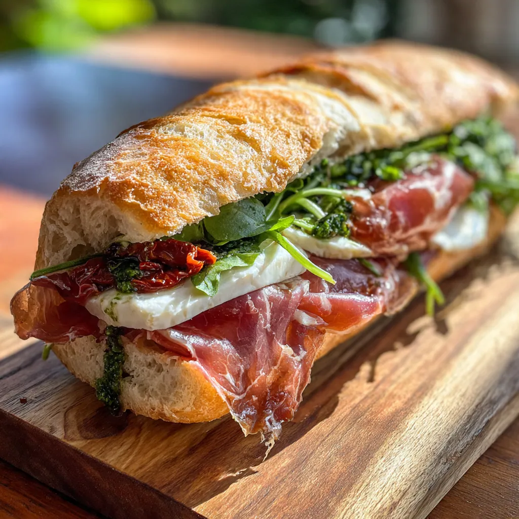 Stanley Tucci Sandwich sliced diagonally on a wooden board showing layers of prosciutto melted mozzarella and artichokes