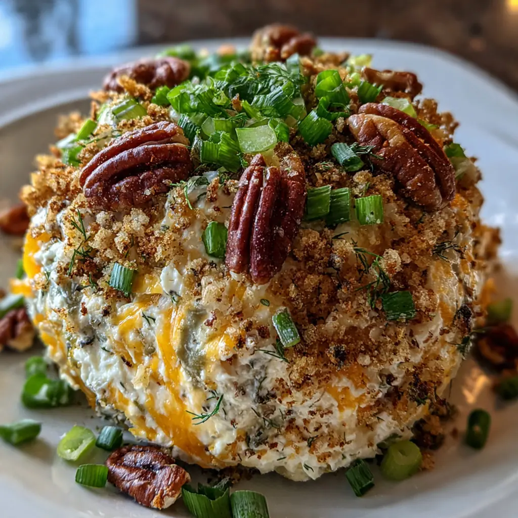 Dill pickle cheese ball coated in chopped pecans and fresh parsley on a marble board
