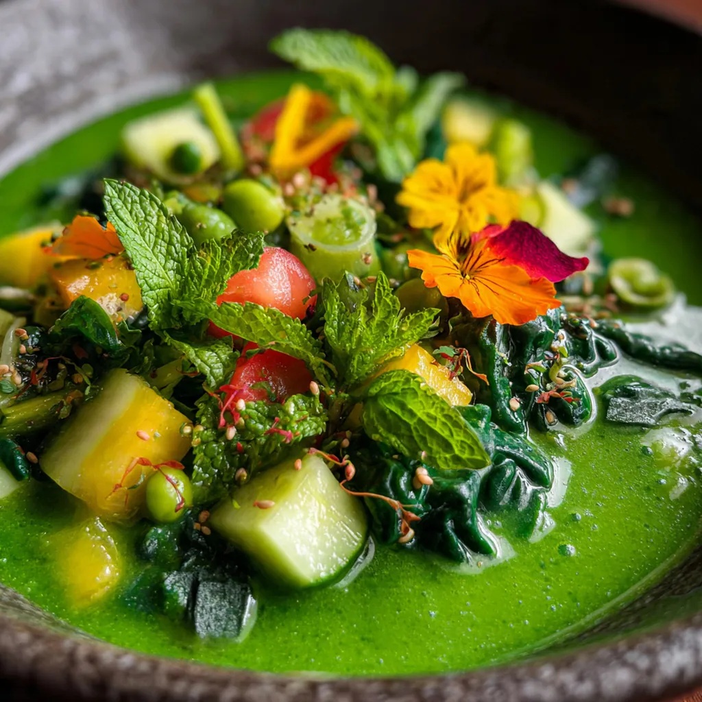 Vibrant green wellness shot in a small glass with fresh spinach and cucumber visible nearby