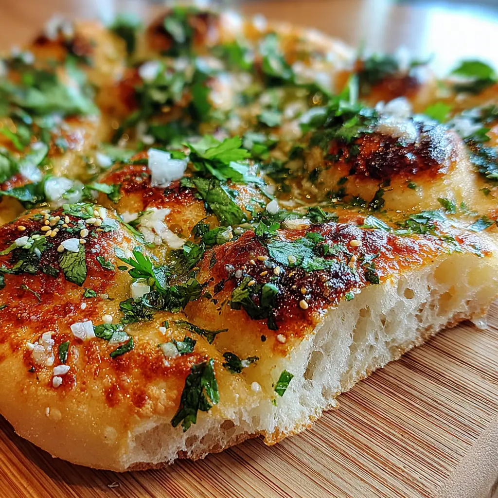 Freshly cooked sourdough naan bread with golden bubbles and charred spots brushed with melted butter